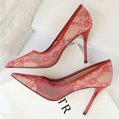 BIGTREE Shoes Mesh Hollow Lace Woman Pumps 2026 Spring Women Heels Sexy Party Shoes Thin Stiletto Heels Women Shoes 6 Colour