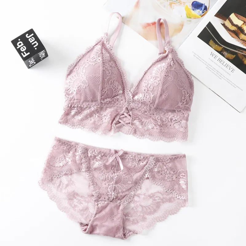 Women Lace Bra And Briefs Set Backless Bralette Solid Color Underwear Wireless Lace Bra Top Sexy Lingerie Set Female Intimates