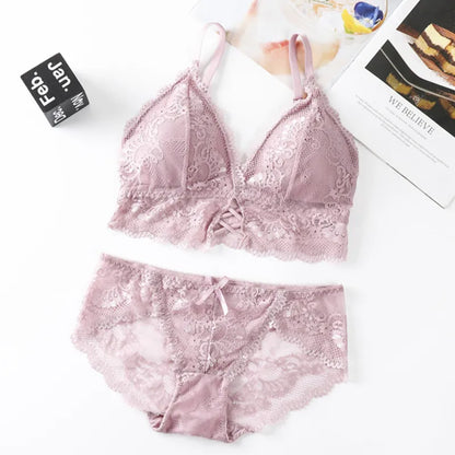 Women Lace Bra And Briefs Set Backless Bralette Solid Color Underwear Wireless Lace Bra Top Sexy Lingerie Set Female Intimates