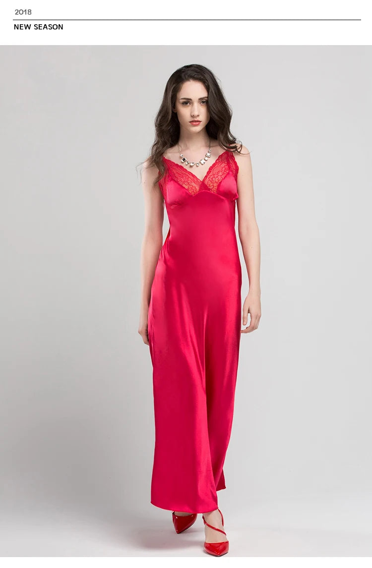 Lace Sexy Sling Sleeping Dress Satin Silk Sleepwear Women Faux Silk Long Bathrobes Female Sleeveless V-Neck Nightgowns C1618