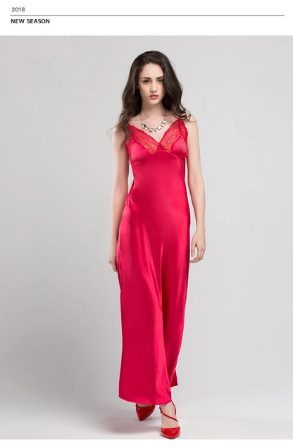 Lace Sexy Sling Sleeping Dress Satin Silk Sleepwear Women Faux Silk Long Bathrobes Female Sleeveless V-Neck Nightgowns C1618