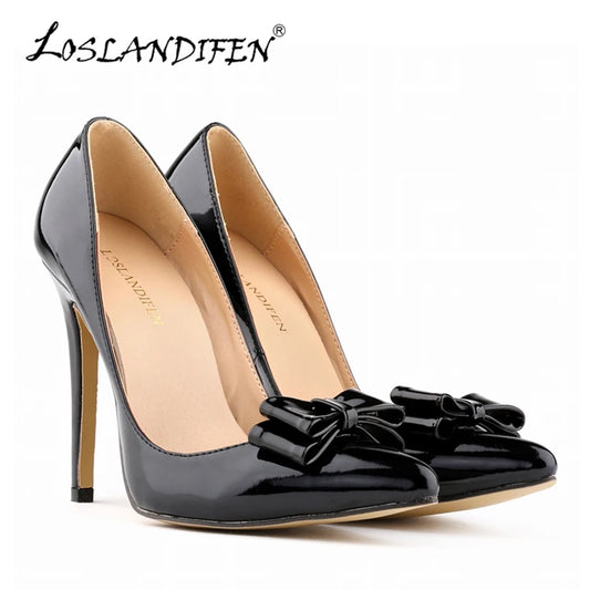 LOSLANDIFEN Fashion Patent Leather Women's Pumps Sweet Bow Pointed Toe High Heels Stiletto Wedding Shoes Woman