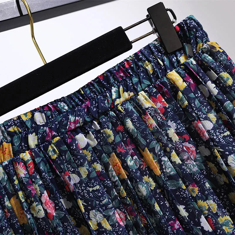 150Kg Plus Size Women's Spring Summer Retro Floral Chiffon A-Line Skirt 5XL 6XL 7XL 8XL 9XL Loose Elastic Waist Skirt Navy