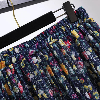 150Kg Plus Size Women's Spring Summer Retro Floral Chiffon A-Line Skirt 5XL 6XL 7XL 8XL 9XL Loose Elastic Waist Skirt Navy