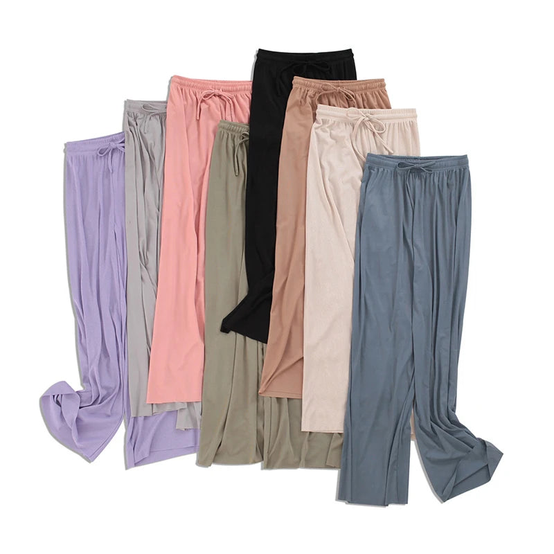 2026 Top Women's Ice Silk Wide-legged Pants Summer High Waist Feeling Girls Nine Points Straight Skirt Thin Long Trousers Colors