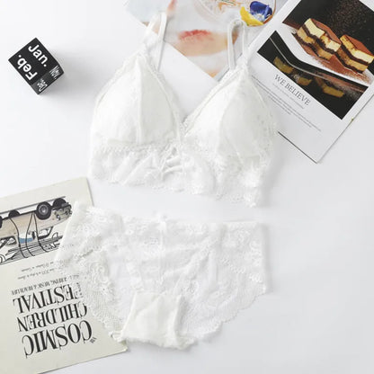 Women Lace Bra And Briefs Set Backless Bralette Solid Color Underwear Wireless Lace Bra Top Sexy Lingerie Set Female Intimates