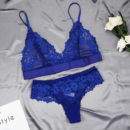 Women's Ultra-thin Cup Mesh Lace Underwear Set Transparent Bras Beauty Back Hollow Embroidery Bra & Brief Sets