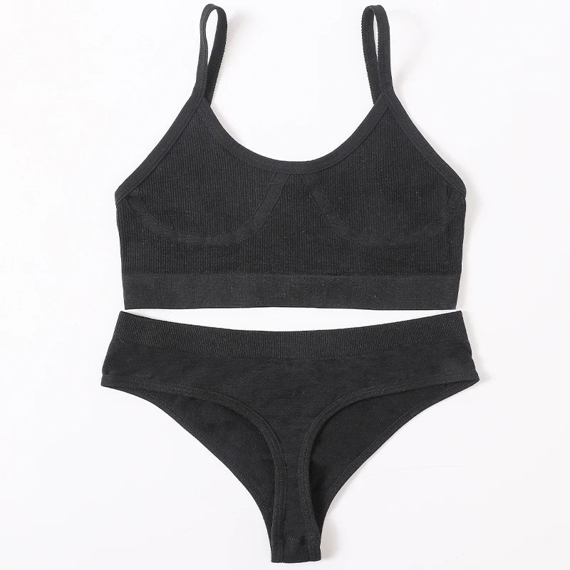 Women Seamless Bra And Panties Set U-Back Bralette Top Comfort Breathable Briefs Ribbed Sexy Lingerie Sports Underwear Set