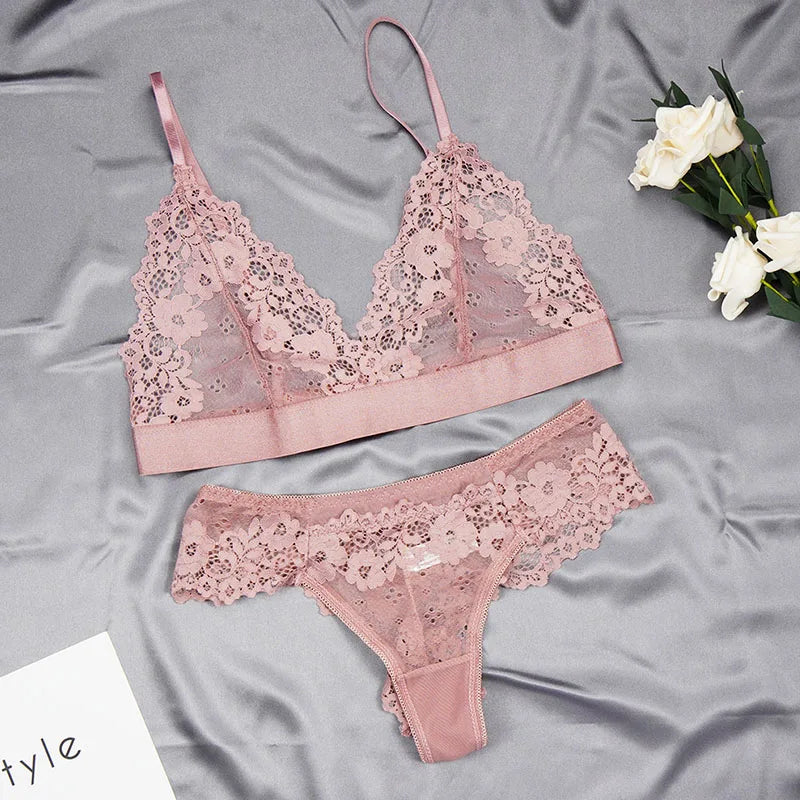 Women's Ultra-thin Cup Mesh Lace Underwear Set Transparent Bras Beauty Back Hollow Embroidery Bra & Brief Sets