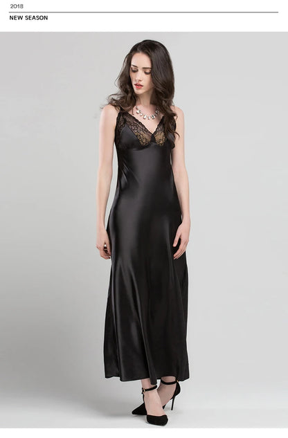 Lace Sexy Sling Sleeping Dress Satin Silk Sleepwear Women Faux Silk Long Bathrobes Female Sleeveless V-Neck Nightgowns C1618