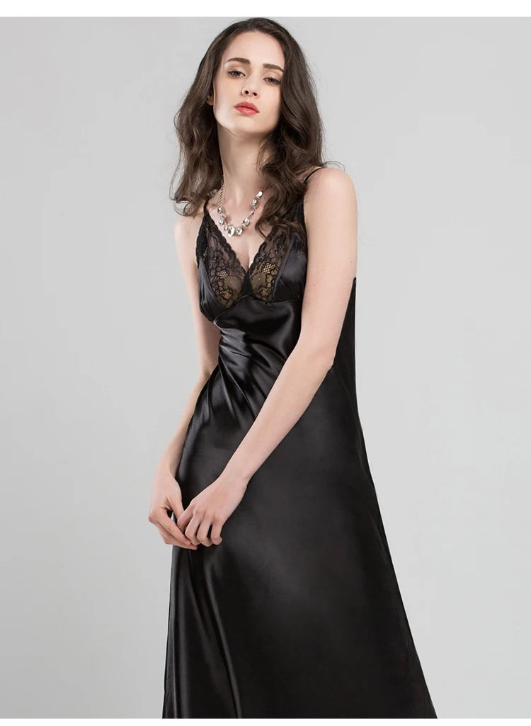 Lace Sexy Sling Sleeping Dress Satin Silk Sleepwear Women Faux Silk Long Bathrobes Female Sleeveless V-Neck Nightgowns C1618