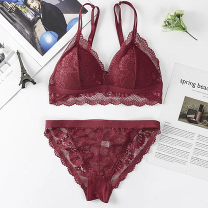 Women Lace Bra And Briefs Set Backless Bralette Solid Color Underwear Wireless Lace Bra Top Sexy Lingerie Set Female Intimates