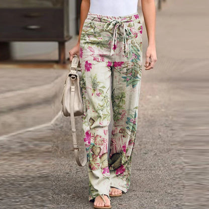 Vintage Women Drawstring Trousers Spring Autumn Fashion Floral Printed Wide Leg Pants Ladies Casual Loose Long Pantalones