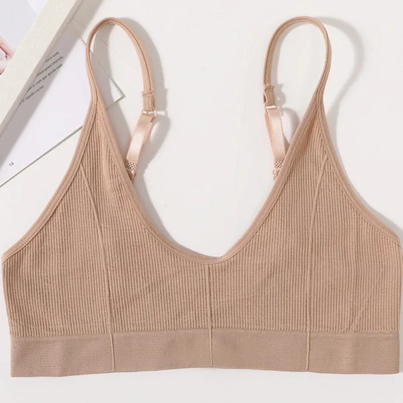 Women Ribbed V-Neck Wireless Bra Solid Color Knit Bralette Stretch Thin Straps Liner-Free No Chest Pads Lingerie Daily Intimates
