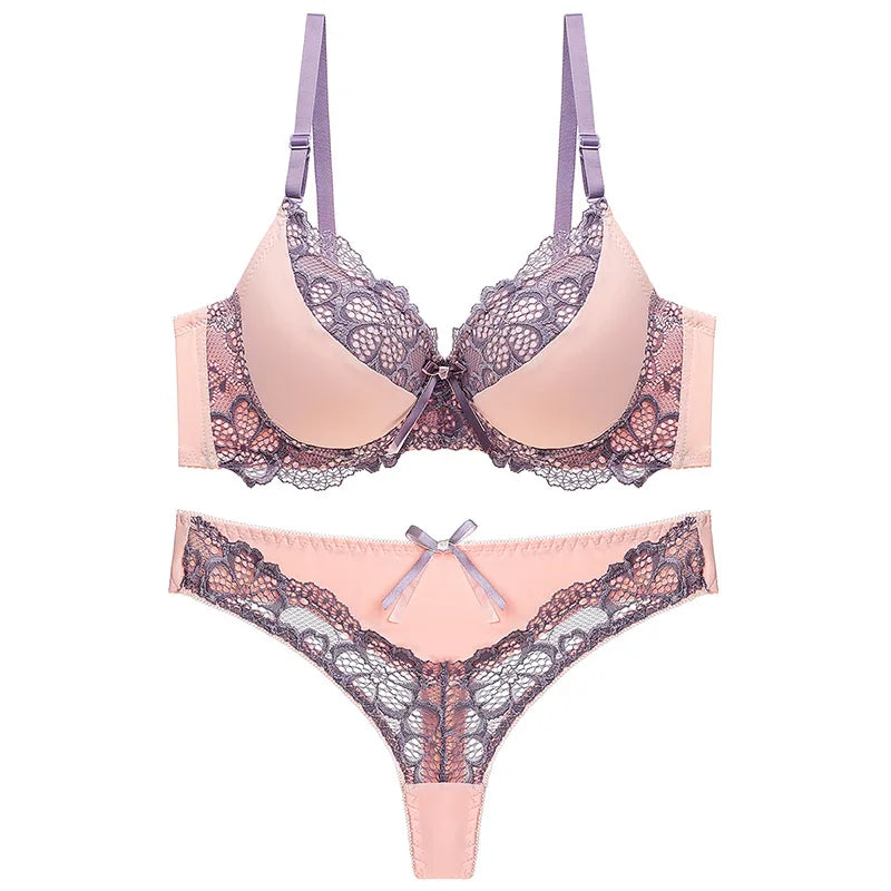 Thong bra set push up Lace hollow out Brassiere bra and panty set Underwear Femme Panties Lingerie