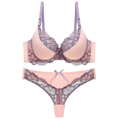 Thong bra set push up Lace hollow out Brassiere bra and panty set Underwear Femme Panties Lingerie