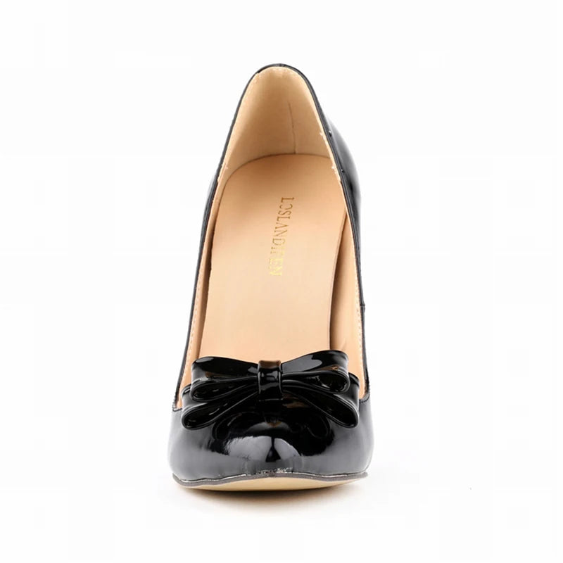 LOSLANDIFEN Fashion Patent Leather Women's Pumps Sweet Bow Pointed Toe High Heels Stiletto Wedding Shoes Woman