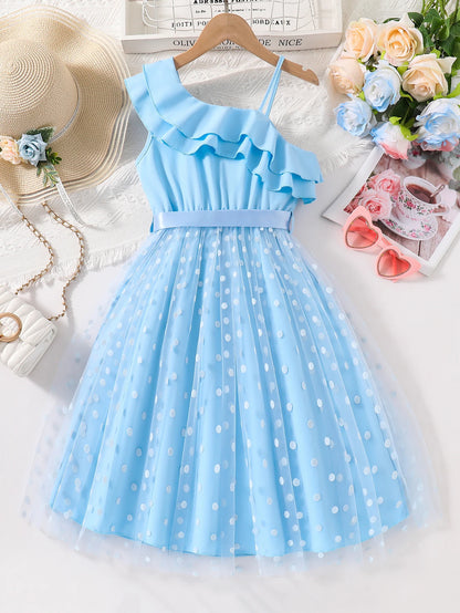 Girls' Fashionable Summer Outfit, Solid Color Ruffled Strap Dress with Mesh and Polka Dot Print, Mid-Length Dress for Older Girls, Casual, Soft, Versatile, Youthful and Energetic Dress for Girls, Beautiful and Cute Children's