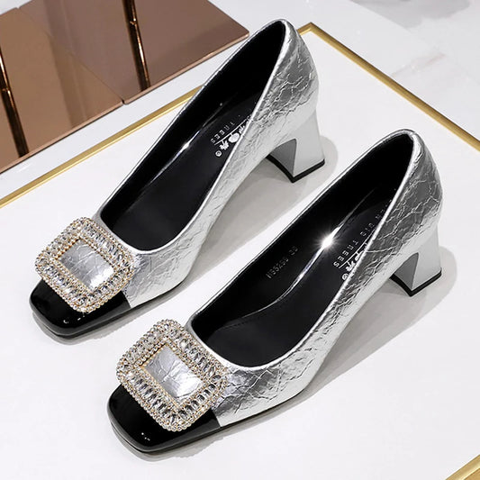 BIGTREE Fashion Metal Crystal Splice Women Pumps Kitten Heels Luxury Thick Heel Elegant Party Ladies Shoes Zapatos De Mujer