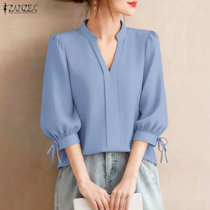 ZANZEA Summer Women's Elegant Blouses V-Neck 3/4 Puff Sleeves Lace Up Solid Color Pullover Tops Casual Loose Blusas de Mujer