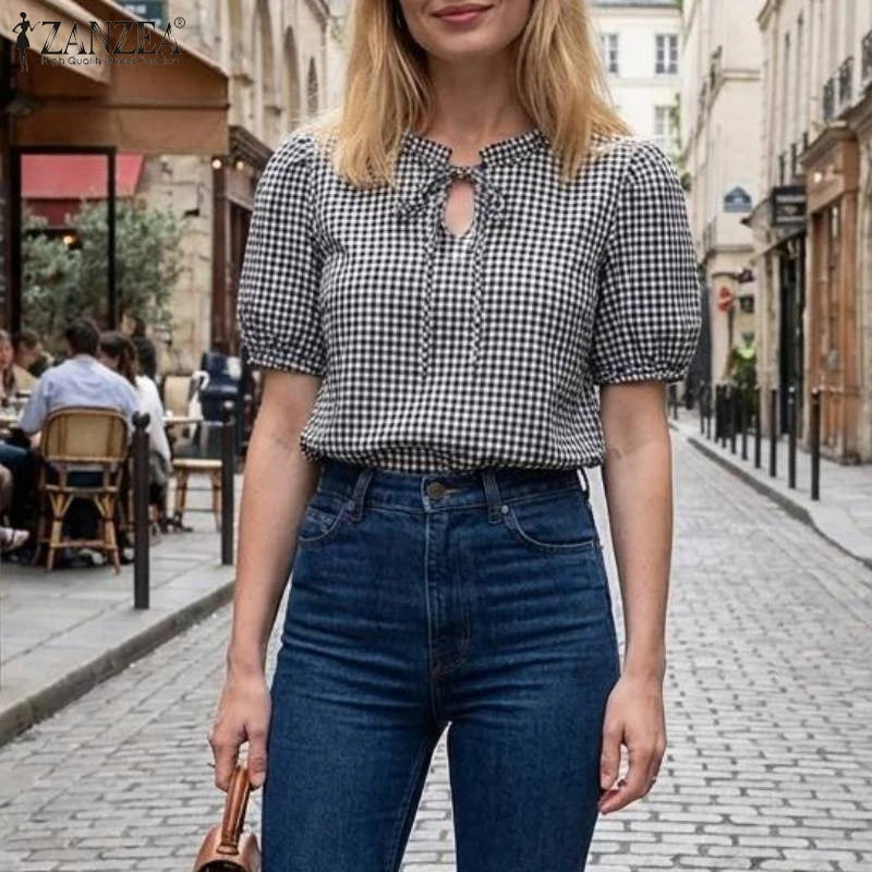 ZANZEA Woman Gingham Check Blouses Lace-Up Keyhole Ruffled Trim O-Neck Puff Short Sleeve Tops Summer Daily Casual Blusas Mujer
