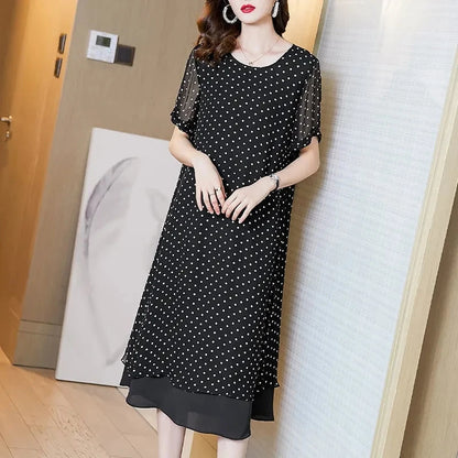 Summer Short Sleeves Covering Belly High End Chiffon Dress 2026 New Large Size Loose Dot French Style Long Dress Women Vestidos