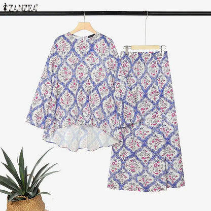 Fashion Women Muslim 2 Piece Sets ZANZEA Printed Outfits Bohemain Casual O Neck Long Sleeve Blouse Skirt Suit Hijab Tracksuit