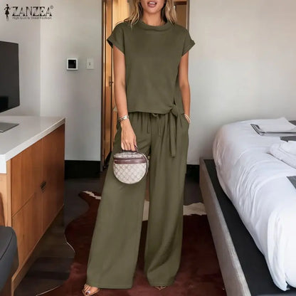 ZANZEA Women's Minimalist 2 Piece Sets Elegant Stand Collar Short Sleeve Blouse & Wide Leg Pant Suits Casual Pant Sets Outfits