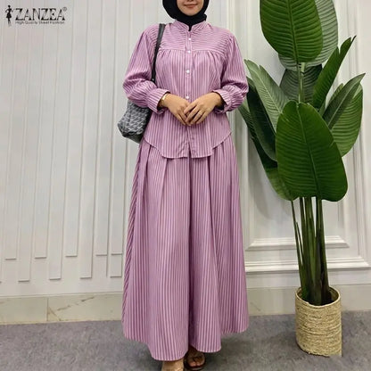 Elegant Women Muslim 2 Pieces Sets ZANZEA Summer Stand Neck Long Sleeve Bouse Skirt Suit Striped Outfits IsIamic Hijab Tracksuit