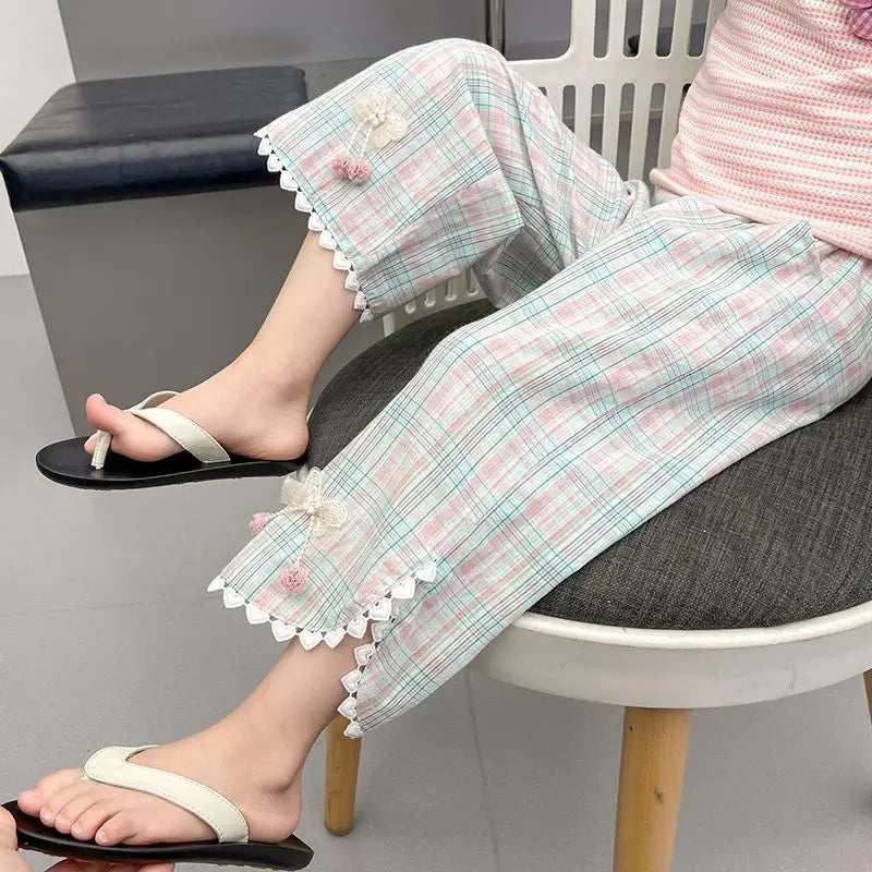 2026 New Girls' Lightweight Anti Mosquito Straight Leg Pants Ethnic Style Summer Trendy Kids Clothing Breathable Comfortable