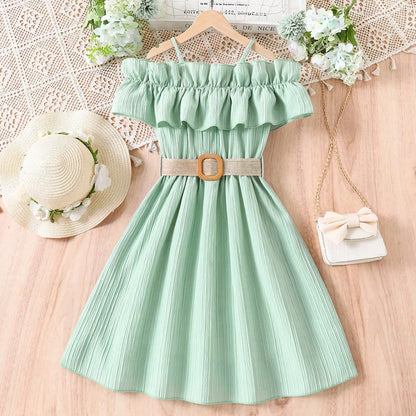Summer Girl Dress Off Shoulder Fashion Girl Clothes Teenager Beach Dress with Belt Kid Outfits Children Clothing Plus Size Teens