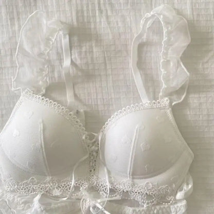 Japanese Kawaii Lingerie Set Small Chest, Sweet Heart Print Wireless Bralette & Panty Set Comfortable Anti-Sagging Bra for Women