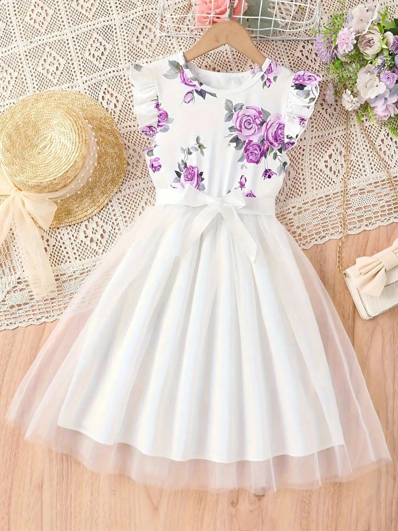 2026 Summer New Collection, Children's and Women's Clothing, Small Flying Sleeve Printed Round Neck Cute Plush Dress