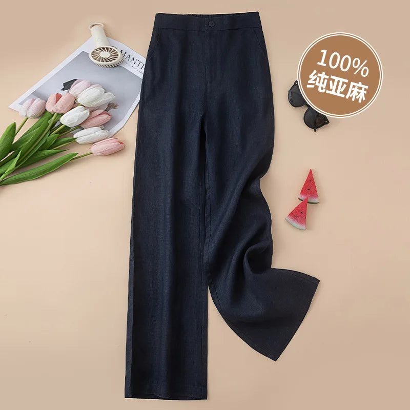 Women's 100% Pure Linen Wide-Leg Pants Loose Drape Ankle Length Summer Thin Straight-Cut Casual Trousers