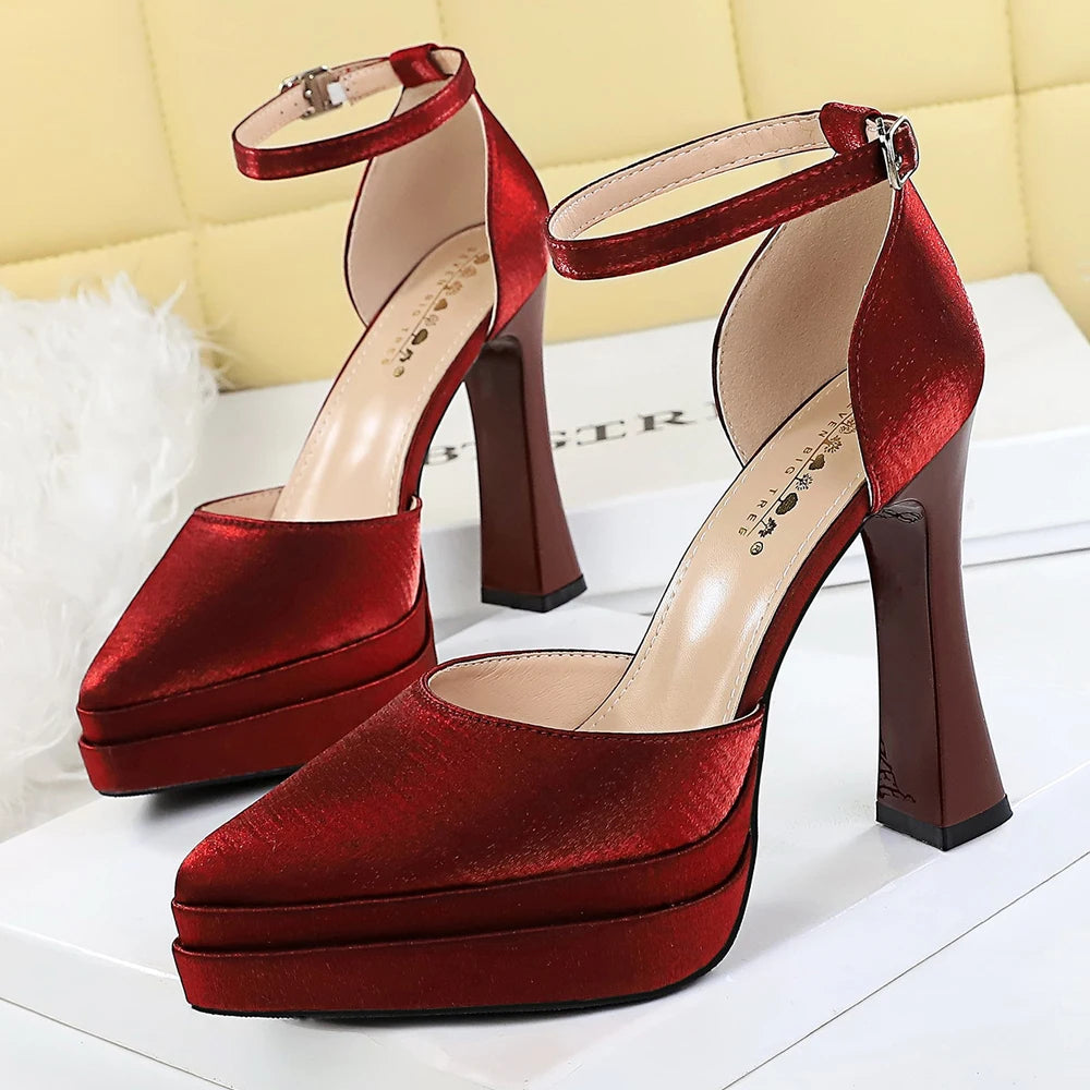 BIGTREE Shoes Double Layer Platform High Heels Women Pumps Silk Satin Chunky Heel High-heeled Sandals Women Summer Shoes 11.5 cm