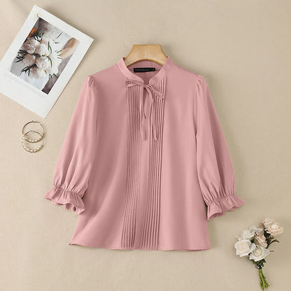 ZANZEA Women's Elegant 3/4 Puff Sleeve Blouses Summer Lace-Up Stand Collar Pintuck Tops Daily Casual Solid Color Blusas de Mujer