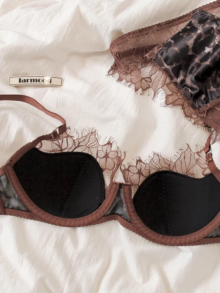 Sexy lace thin bra set female leopard underwear panties eyelash lingerie comfortable steel ring thin bras