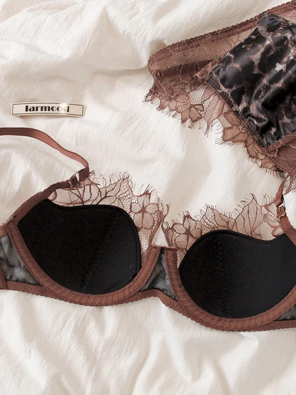 Sexy lace thin bra set female leopard underwear panties eyelash lingerie comfortable steel ring thin bras