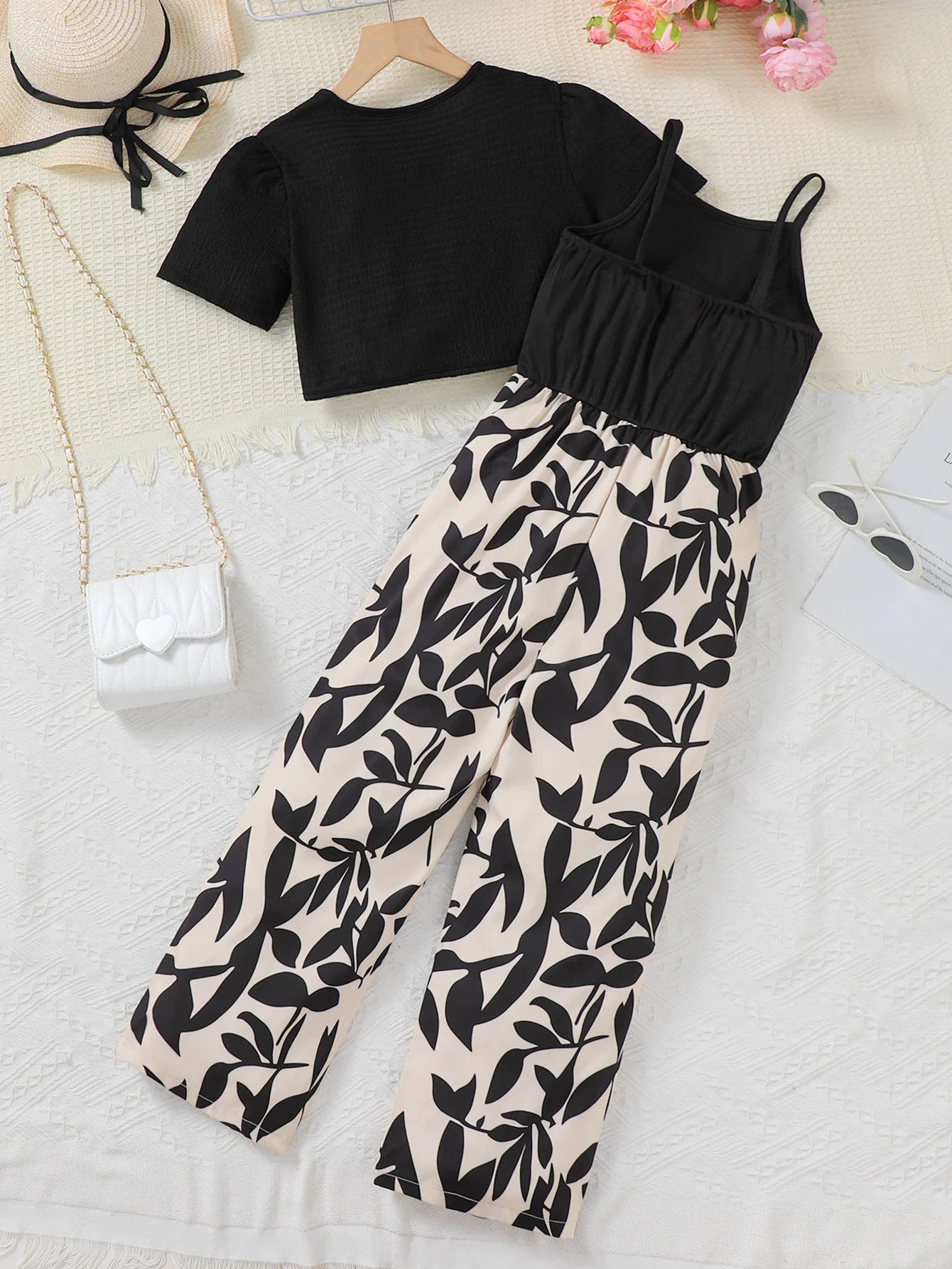 Girls 2pcs Set Fashion Floral Pattern Onesie And Short-Sleeve Shawl Ensemble Suitable for Summer Casual Wear Outdoor Commuting