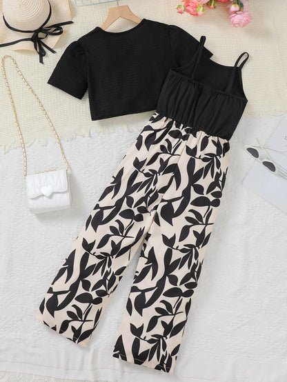Girls 2pcs Set Fashion Floral Pattern Onesie And Short-Sleeve Shawl Ensemble Suitable for Summer Casual Wear Outdoor Commuting