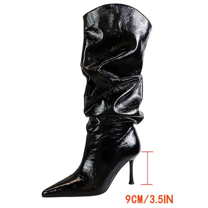 BIGTREE Shoes Sexy Stiletto Women Knee High Boots Pointed High-heeled Boots Fashion Long boots Pleated Leather Boots Female Shoe
