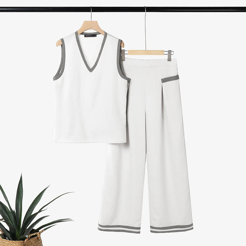 ZANZEA Fashion Summer 2 Pieces Tracksuit Women V Neck Sleeveless Tanks Tops Pant SetsCasual Patchwork Work Outfit Matching Sets