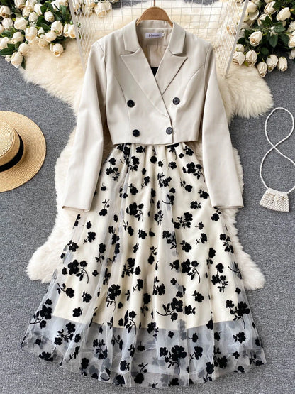 French Style Elegant Two Piece Sets Women Double Breasted Blazer Jacket + Mesh A-line Long Dress Fashion Korean Outfits