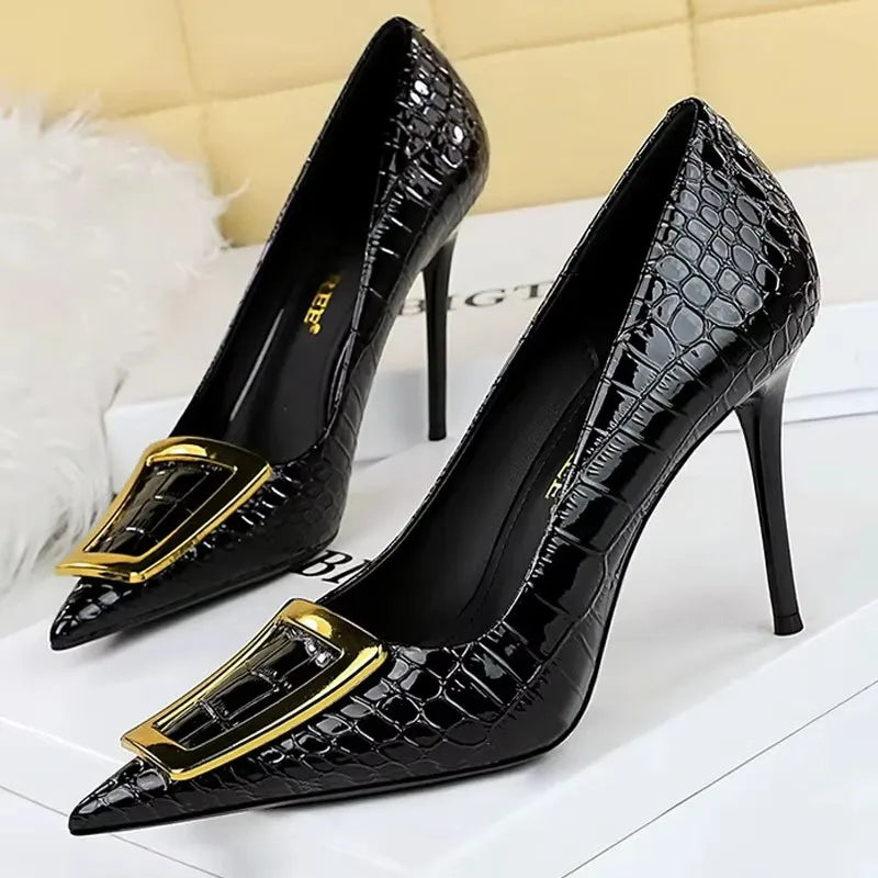 BIGTREE Shoes Women 10 Cm Metal Belt Buckle Ladies Pumps Women Luxury Banquet Shoes Stilettos High Heels Women Sexy Party Shoes