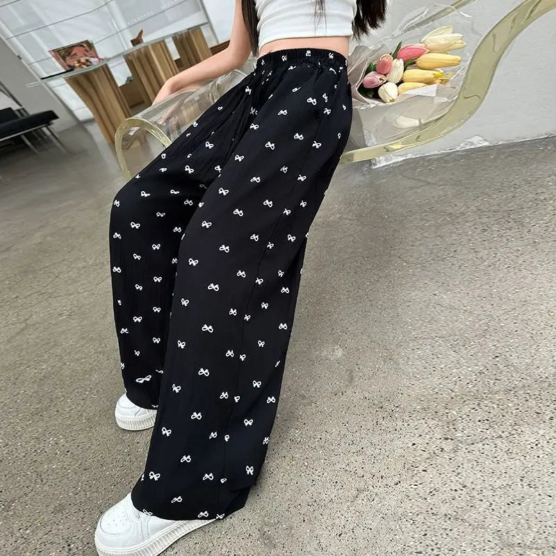 2026 Summer Girls' Ice Silk Mosquito Repellent Loose Straight Leg Wide Leg Pants 5-12 Years Kids School Stylish