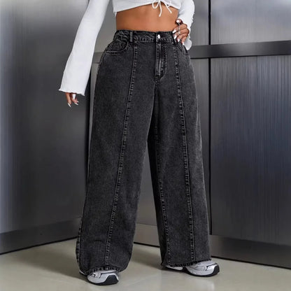 Women Plus Size Jeans High Waist Wide Leg Denim Pants Cotton Distressed Denim Jeans Oversized Black Wash Full Length Jeans Pants