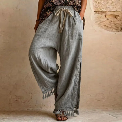 Women Solid Side Split Wide Leg Pants Elastic Drawstring Pockets Lace Tassel Loose Pants New Boho Summer Casual Holiday Trousers