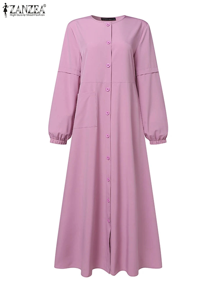 Women Autumn Muslim Dress ZANZEA Turkey Abaya Dubai Robe Elegant Long Sleeve Buttons Down Maxi Vestidos Kaftan IsIamic Clothing