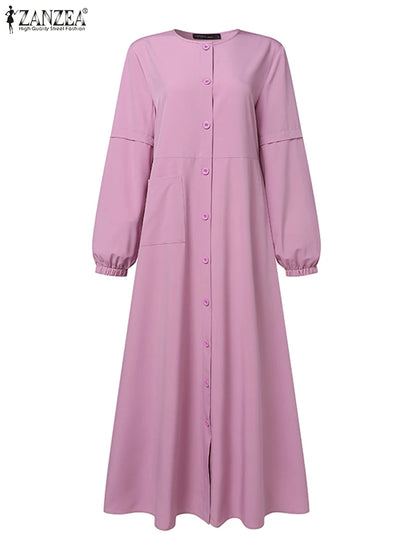 Women Autumn Muslim Dress ZANZEA Turkey Abaya Dubai Robe Elegant Long Sleeve Buttons Down Maxi Vestidos Kaftan IsIamic Clothing