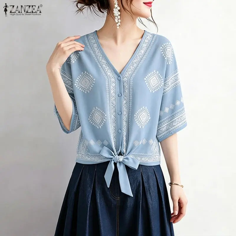 ZANZEA Women Ethnic Style Printing Blouses Casual V-Neck Half Bell Sleeves Button Up Tied-Hem Shirts Summer Loose Vacation Tops